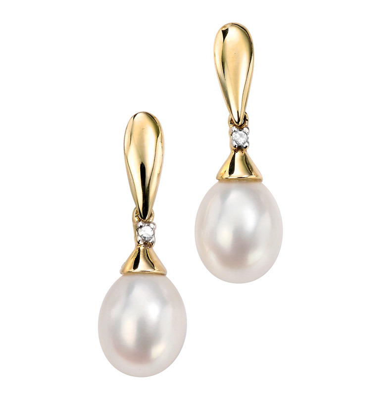 Freshwater Pearl and Diamond Gold Drop Earrings