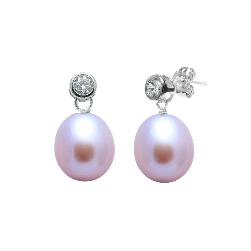 Pink Pearl & Zirconia Silver Drop Earrings