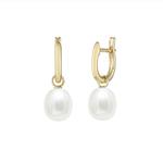 White Pearl 9ct Yellow Gold Huggie Drop Earrings