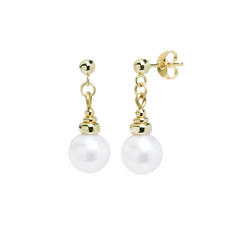 White Pearl Chain Drop Earrings 9ct Yellow Gold