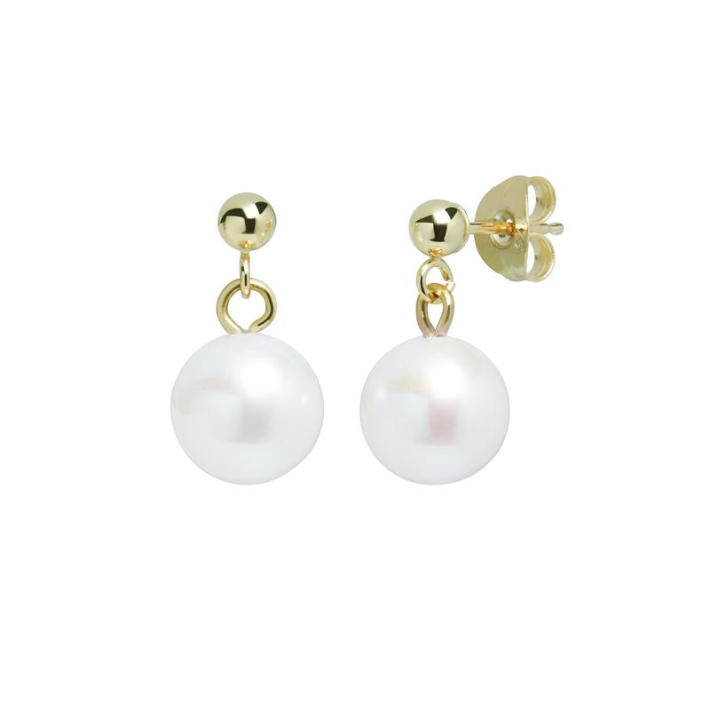 White Round Pearl Drop Earrings 9ct Yellow Gold