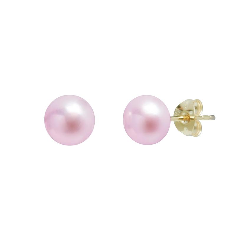 Pink Pearl Button Studs 9ct Yellow Gold 7-8mm
