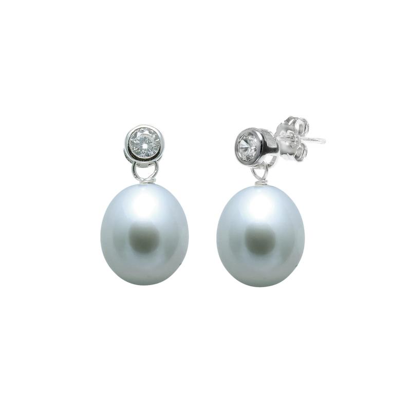Grey Pearl Teardrop Silver Earrings With Zirconia