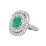 Emerald & Diamond Double Halo Cluster Ring