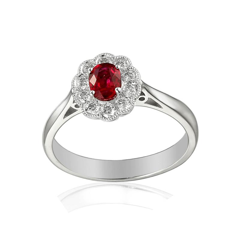 Oval Ruby & Diamond Cluster 18ct Gold Ring
