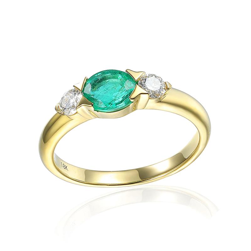 Emerald & Diamond Three Stone Ring 18ct Gold