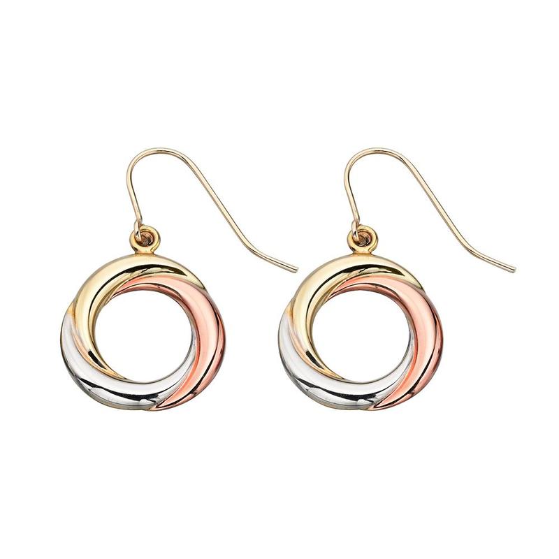 Tri-Metal Open Circle Drop Earrings in 9ct Gold
